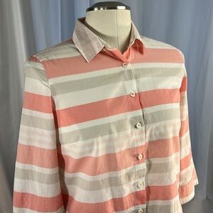 Van Heusen button up cotton stripe orange tan white collared 3/4 sleeve blouse M